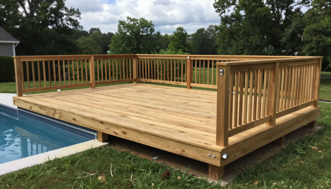 Freestanding deck construction in Michigan backyard