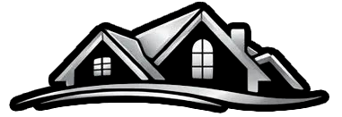 Stylized black-and-white house logo with pitched roofs and windows