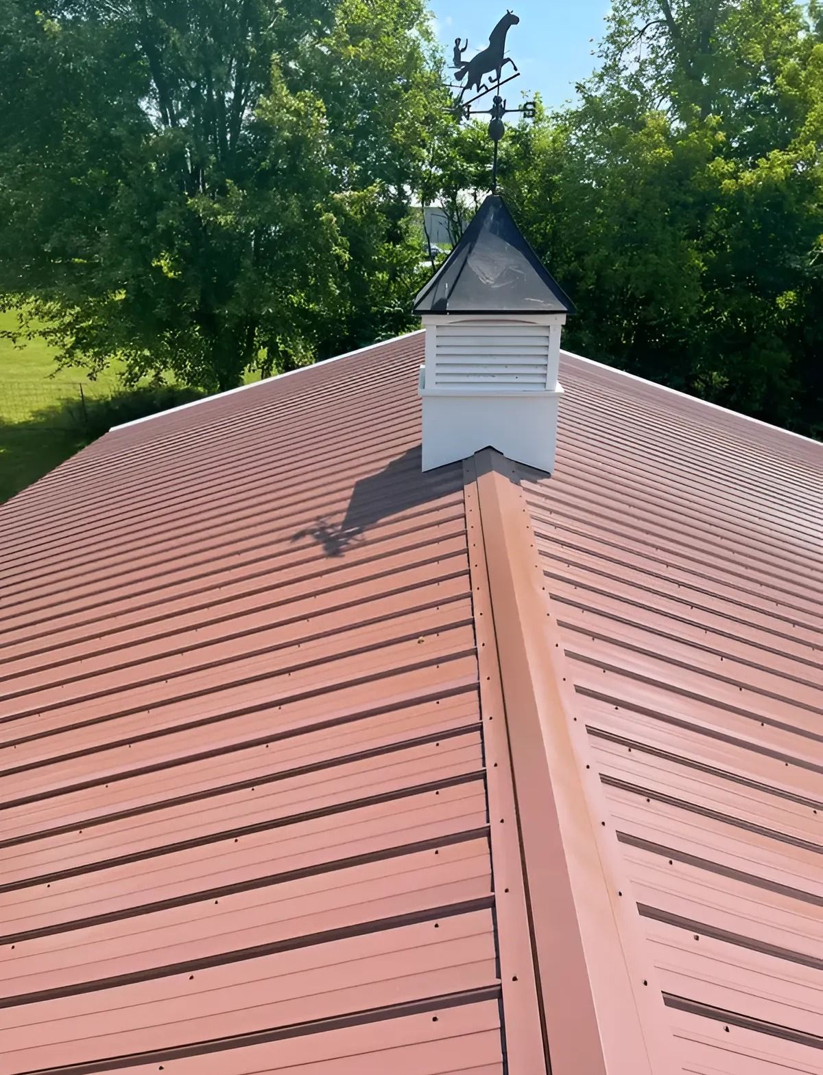Red metal roof with a small white cupola and weather vane, viewed from above amid green trees