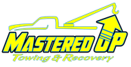 Mastered Up Towing & Recovery logo with yellow and blue tow truck graphic