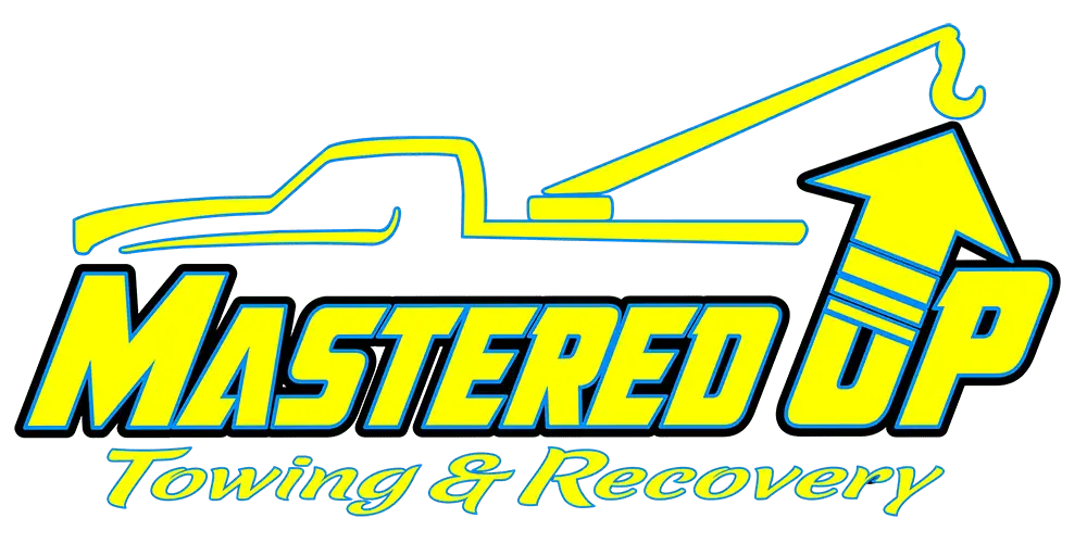 Mastered Up Towing & Recovery logo with yellow and blue tow truck graphic