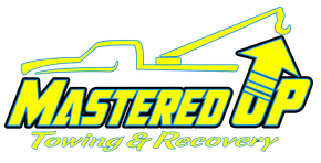 Mastered Up Towing & Recovery logo with yellow and blue tow truck graphic