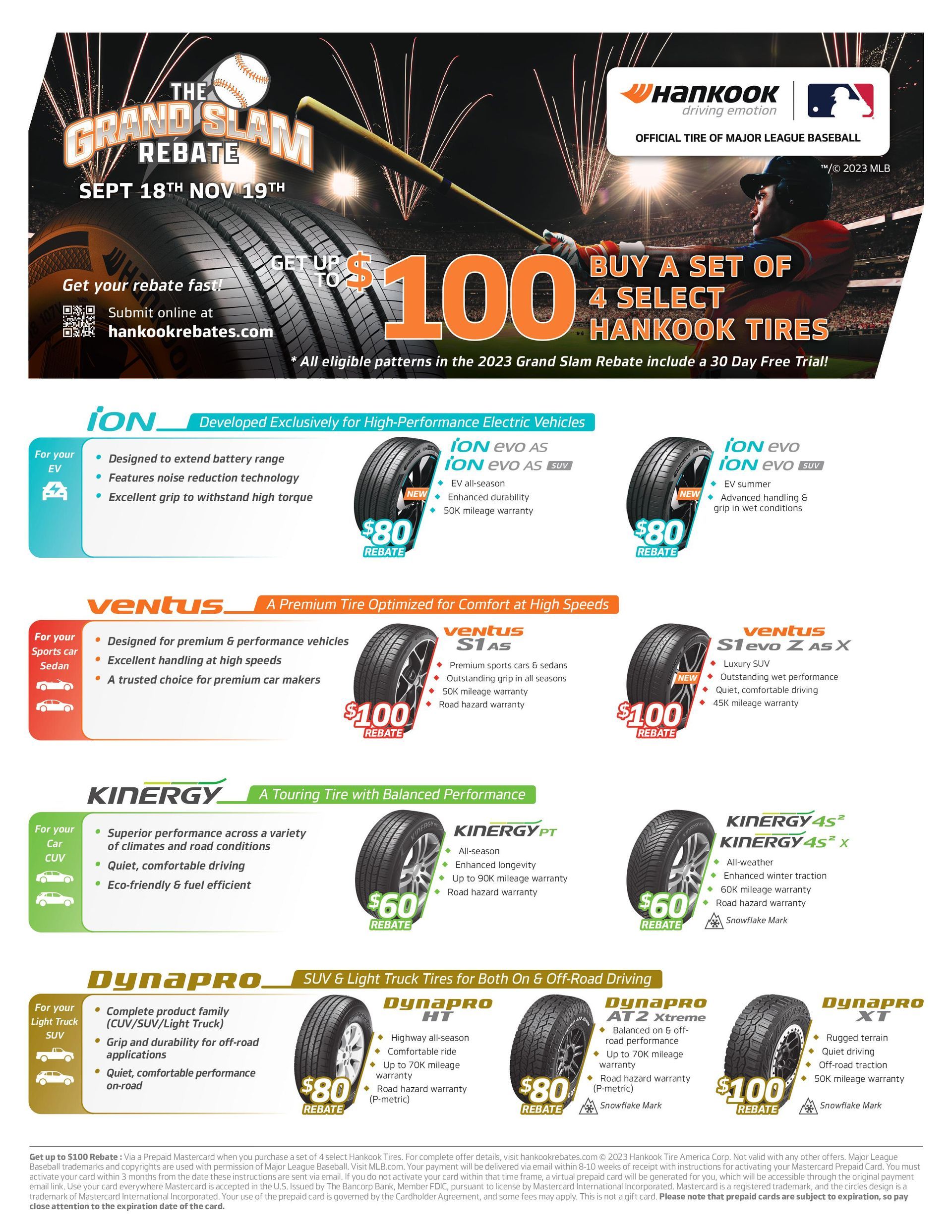 Hankook tires ad: $100 rebate. Tires shown, logos, and baseball imagery.