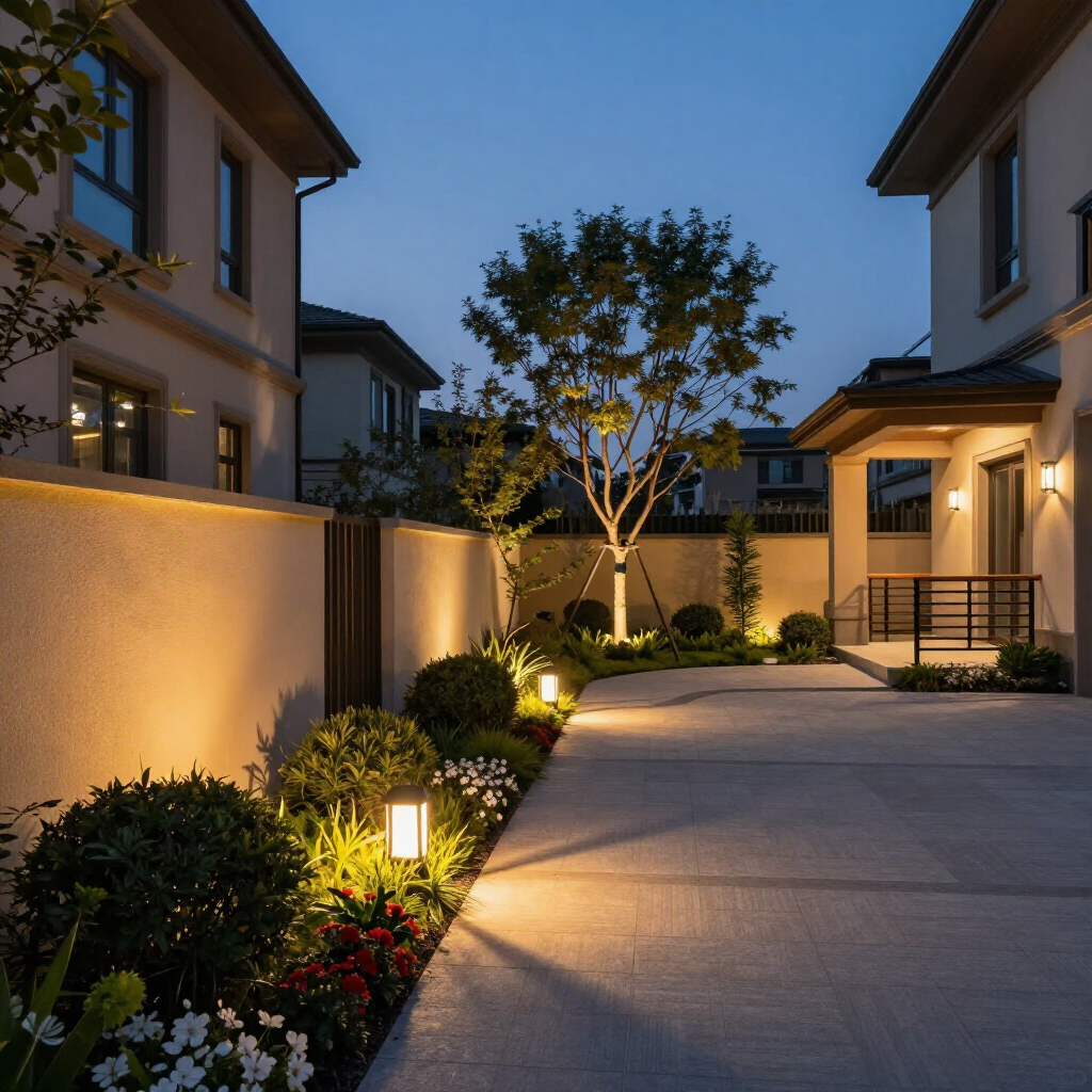 A paved driveway at twilight, illuminated by warm outdoor lanterns and wall lights, set between two modern suburban homes.