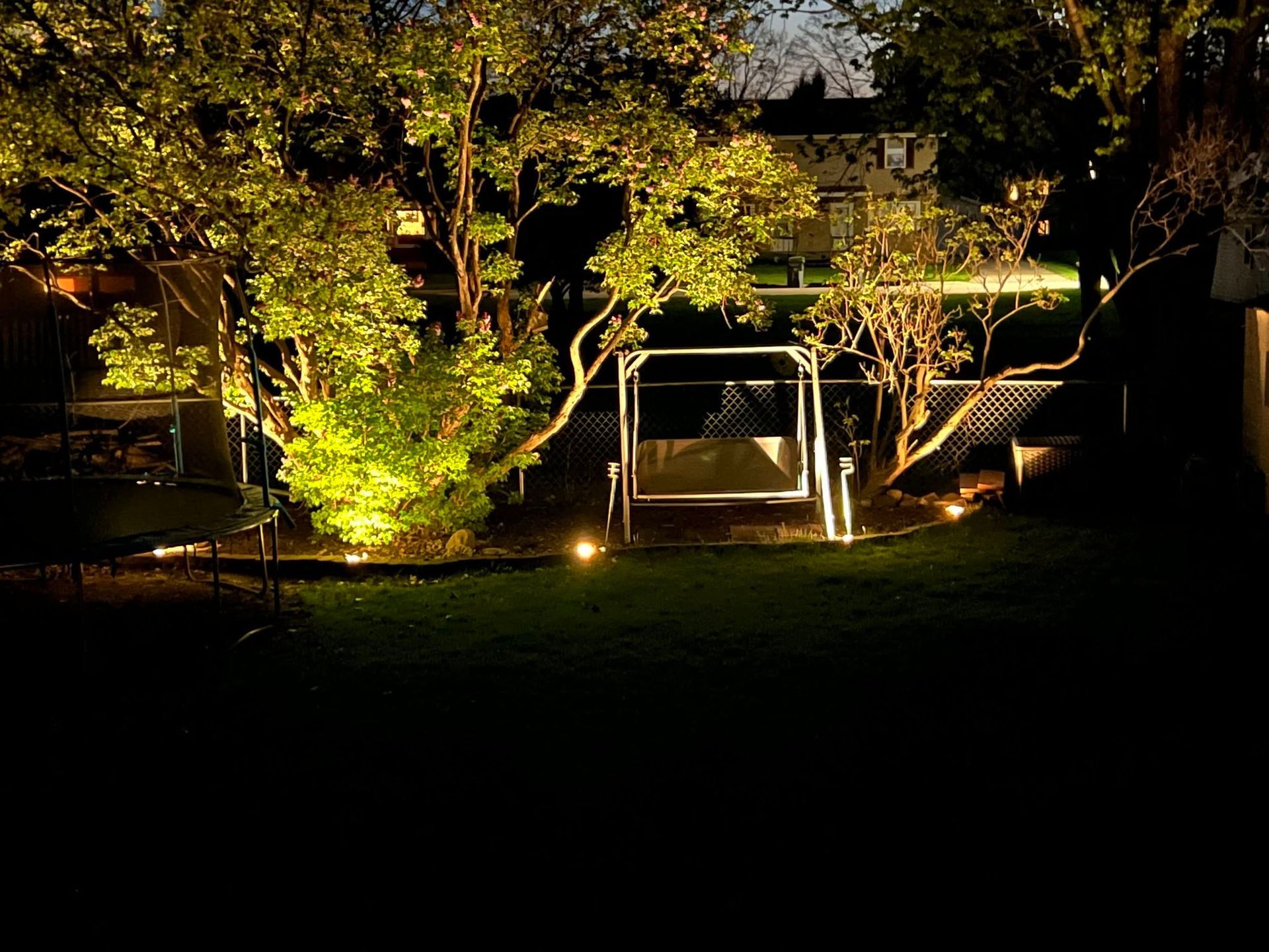 Illuminated garden patio at night with trees and a white swing bench Illuminated garden patio at night with trees and a white swing bench