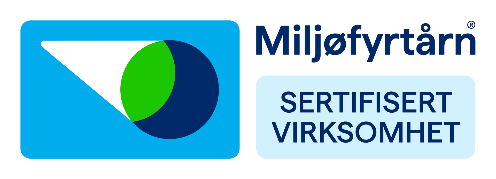 Miljøfyrtårn certified company logo with blue and green emblem and “SERTIFISERT VIRKSOMHET” text