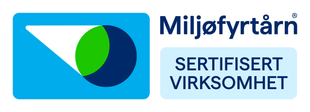 Miljøfyrtårn certified company logo with blue and green emblem and “SERTIFISERT VIRKSOMHET” text