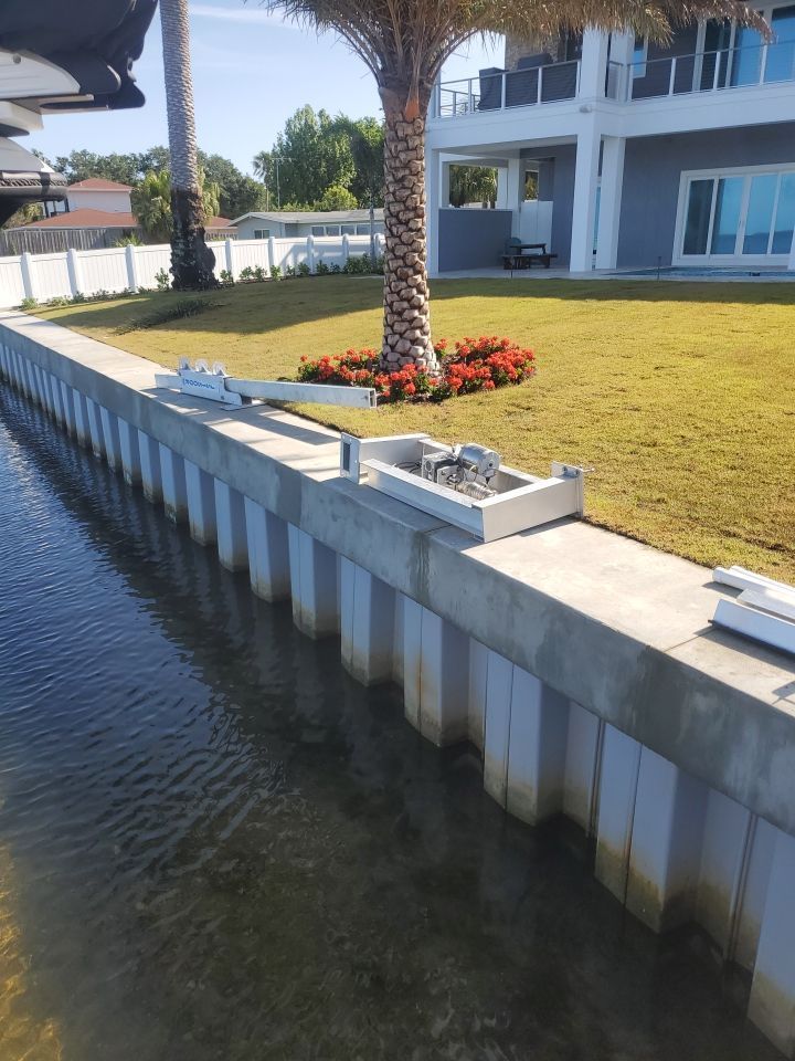 Canal beside white waterfront house with palm tree and flower bed in sunny yard
