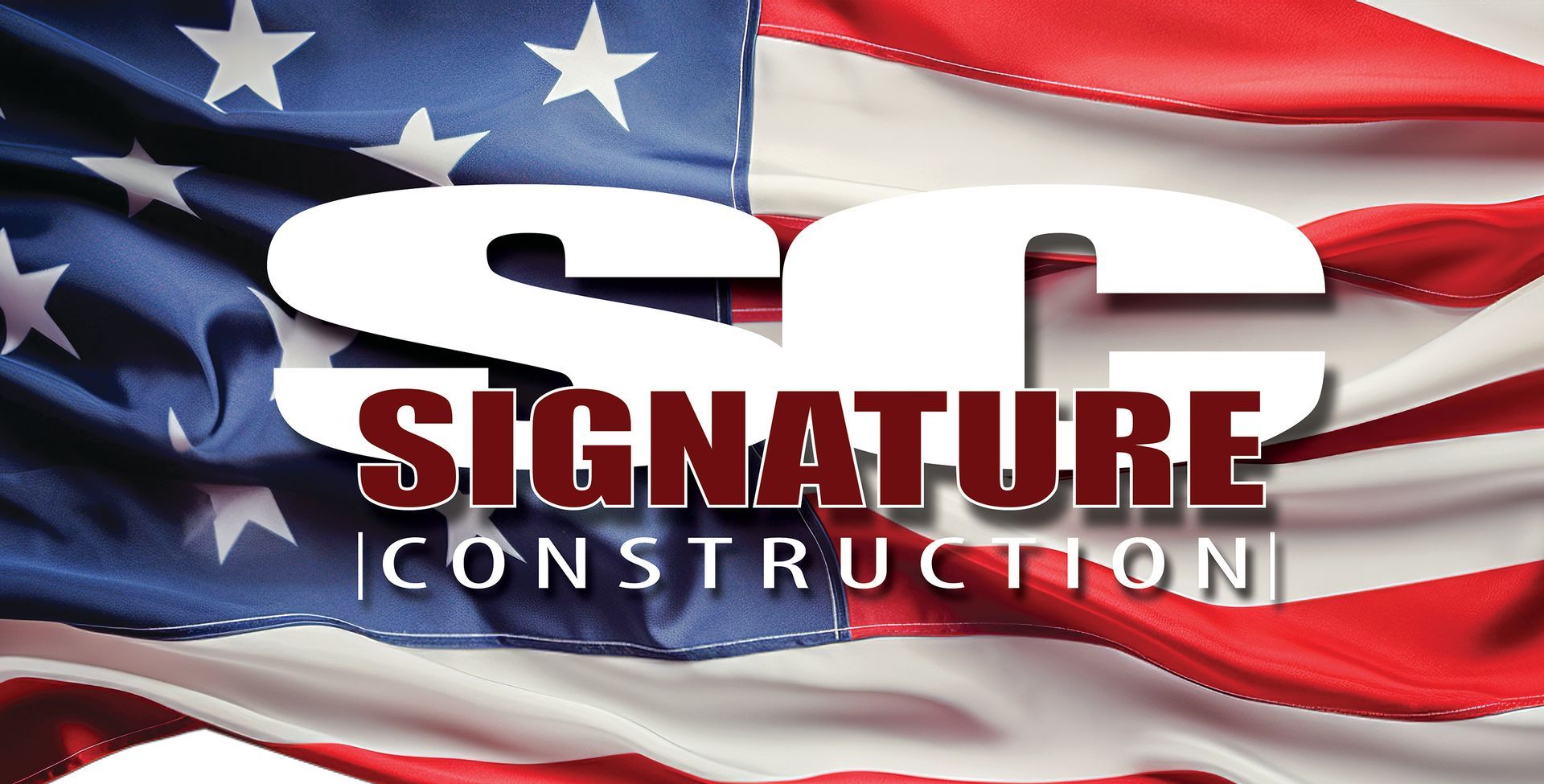 Signature Construction logo over a waving American flag background