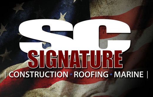 SC Signature logo with American flag background and “Construction • Roofing • Marine” text