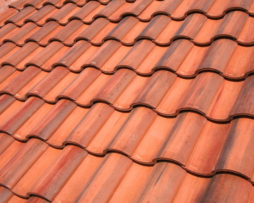 Terracotta roof tiles with curved ridges, viewed in a repeating pattern from above.