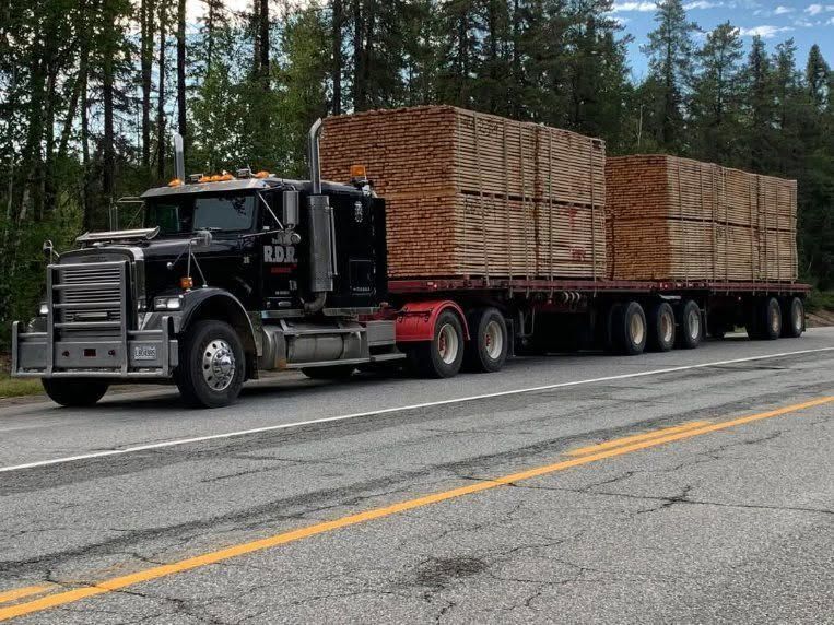 Un camion grumier noir transporte de longues piles de bois sur une route forestière.
