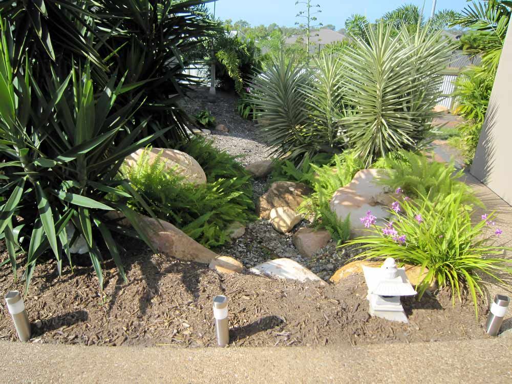 A Garden With A Lot Of Plants And Rocks — Austen Landscaping & Earthmoving in Deeragun, QLD