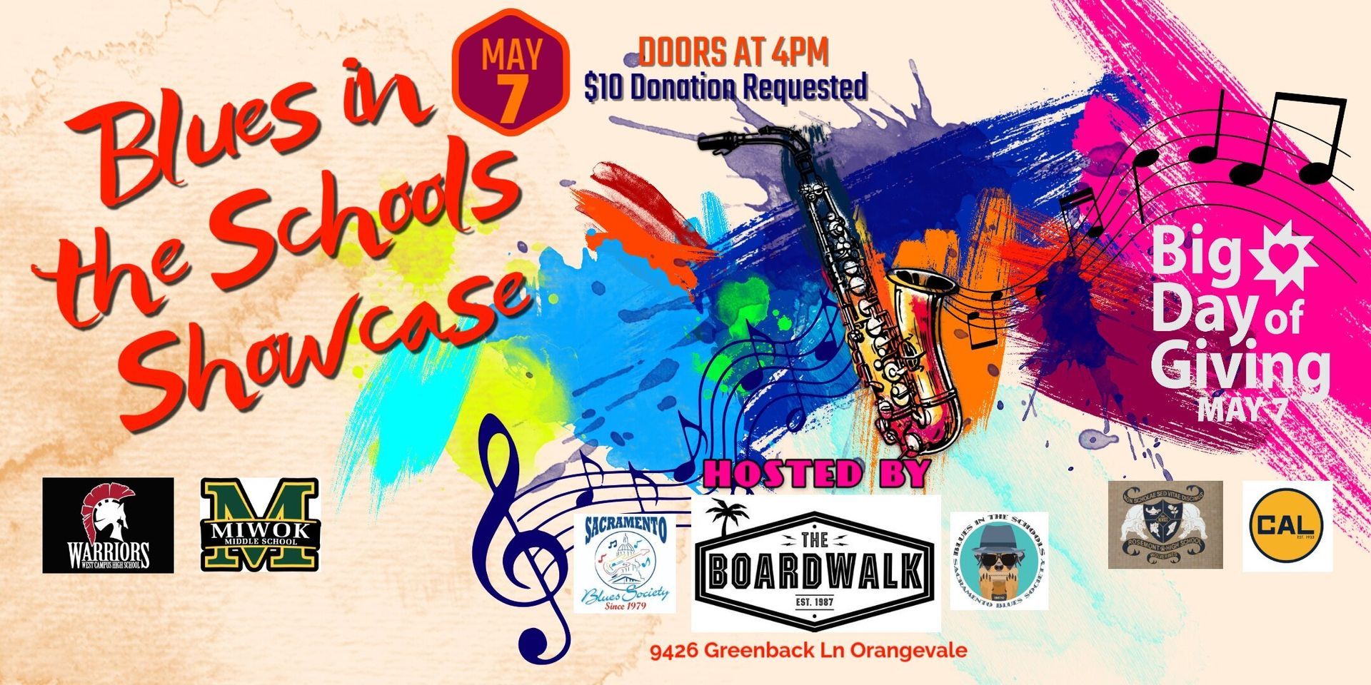 Colorful “Blues in the Schools Showcase” poster with sponsor logos and Big Day of Giving logo
