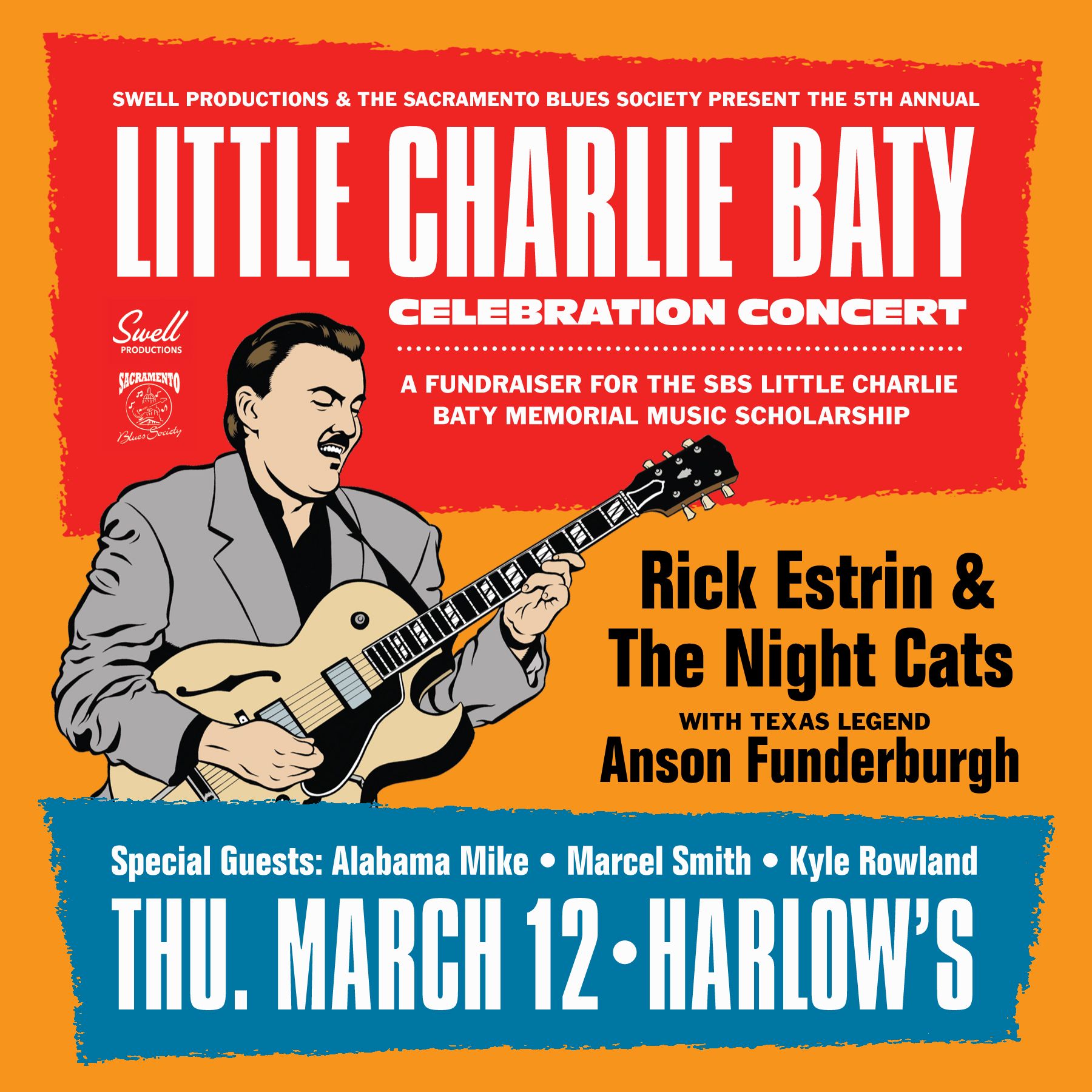 Little Charlie Baty benefit concert poster with Rick Estrin & The Nightcats, Thu. March 12 at Harlow’s, red/orange background