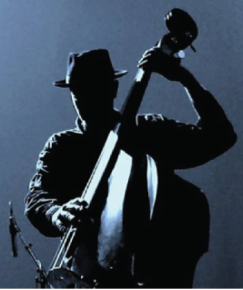 Silhouetted musician playing an upright bass against a blue background