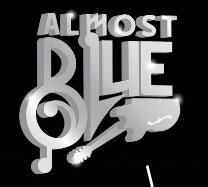 Stylized grayscale logo reading “Almost Blue” with a trumpet and abstract shapes on a black background