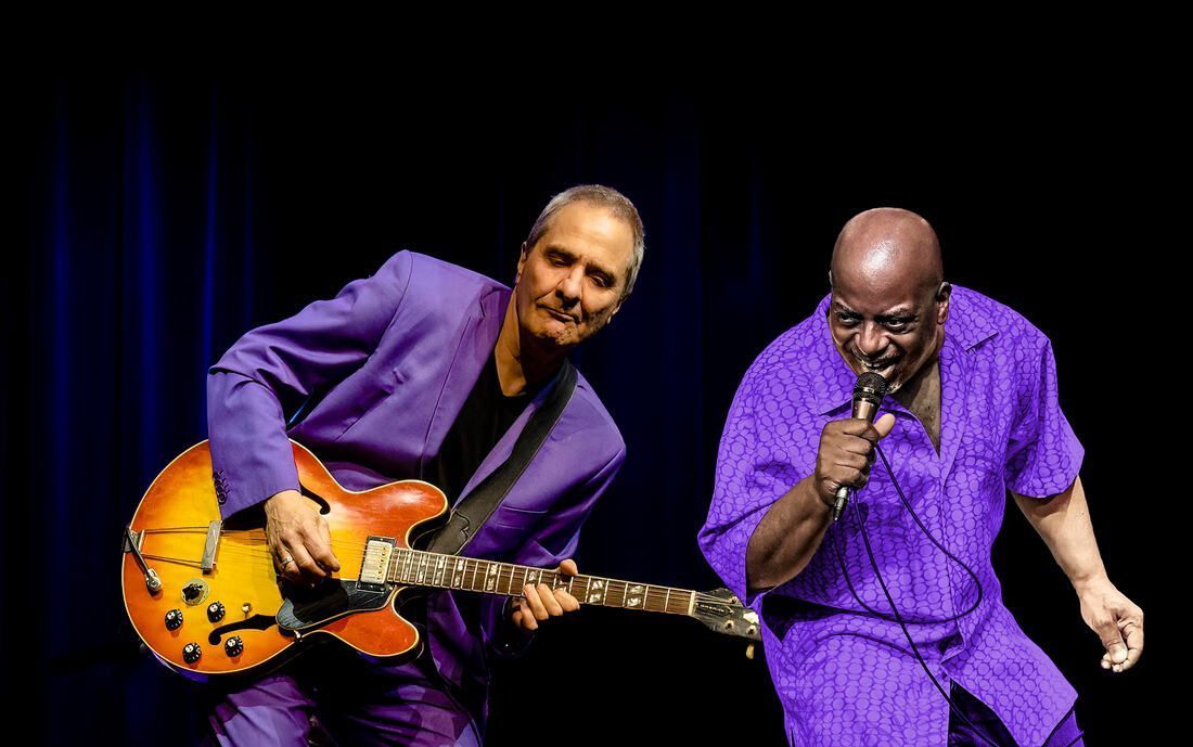 Two musicians in purple outfits performing onstage, one with an electric guitar and the other singing into a microphone