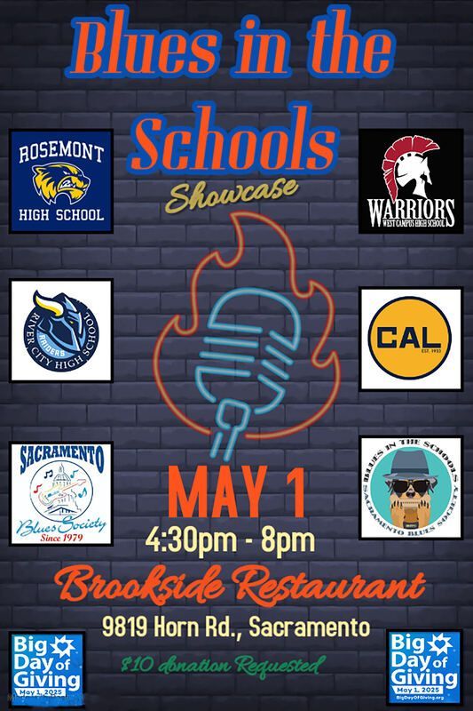 Blues in the Schools Showcase poster for May 1 at Brookside Restaurant, Sacramento, 4:30–8 pm.