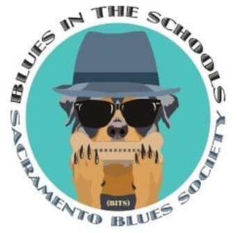 Sacramento Blues Society logo with a dog in sunglasses and a blue hat playing harmonica.