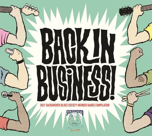 Poster reading “BACKIN BUSINESS!” with flexing arms on a mint green background.