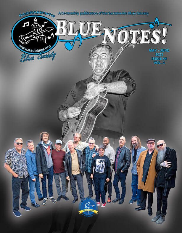 Blue Notes band poster with grayscale guitarist and a lineup of musicians at the bottom
