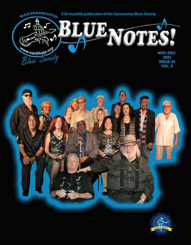 Blue Notes poster with band members on a black background, outlined in blue glow and white title text.