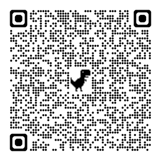 Black-and-white QR code with a small dinosaur silhouette in the center