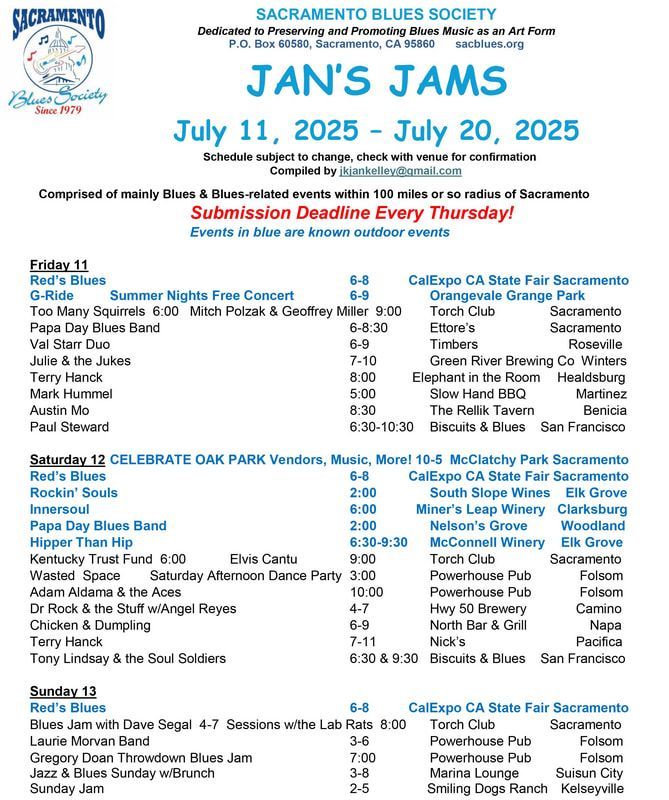 Flyer for Sacramento Blues Society’s “Jan’s Jams,” July 11–20, 2025, with a schedule of bands and venues