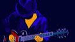 Musician in a dark hoodie playing electric guitar on a dim blue-lit stage