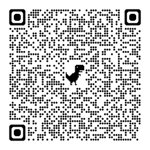 Stylized black-and-white QR code with a small dinosaur icon in the center