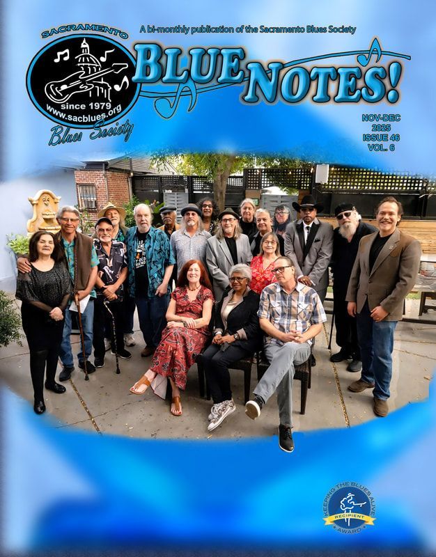 Group of people posing outdoors for the Blue Notes newsletter cover, with a blue title banner and logo.