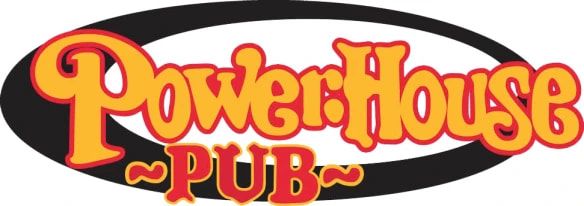PowerHouse Pub logo in orange and yellow text on a black oval background