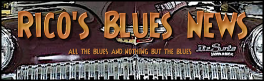 Banner for “Rico’s Blues News” with orange text on a rustic wood background and piano keys below