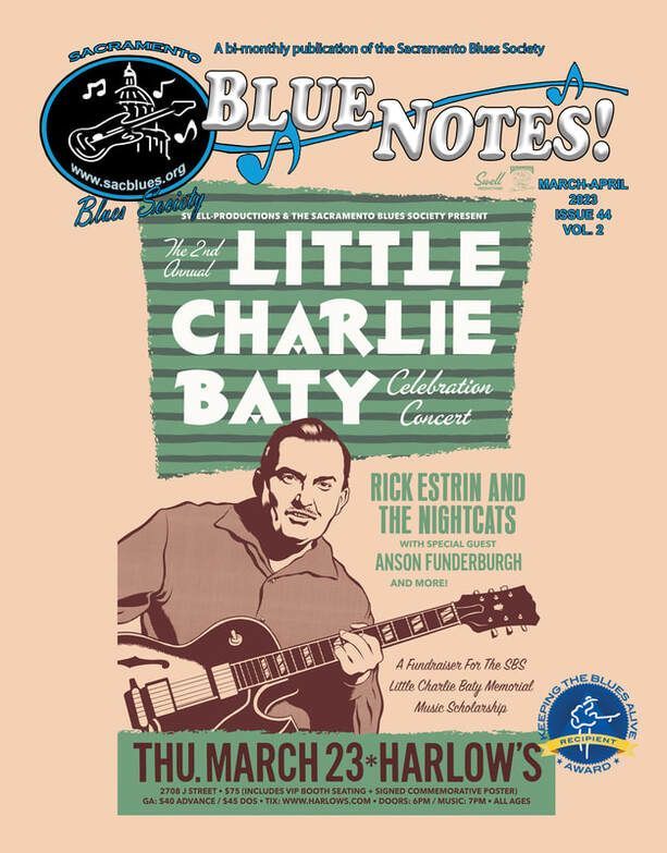 Blue Notes poster for Little Charlie Baty with guitar illustration, March 23 at Harlow’s