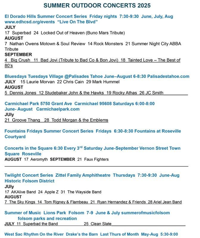 Poster listing summer outdoor concerts in 2025 with dates, bands, venues, and ticket details.