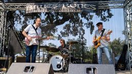 Band performing on an outdoor stage with guitars, drums, and tree shade overhead