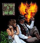 Two people sitting close together, with a large fiery heart shape glowing above them on a black background