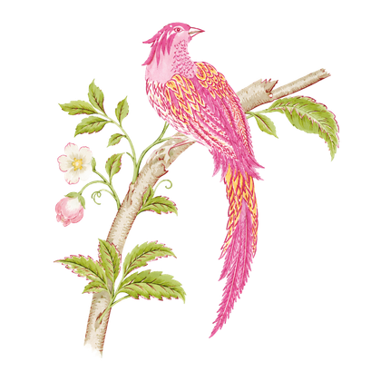 Pink bird perched on a flowering branch with green leaves and blossoms