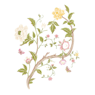 Delicate floral branch with white, pink, and yellow blossoms on a pale background