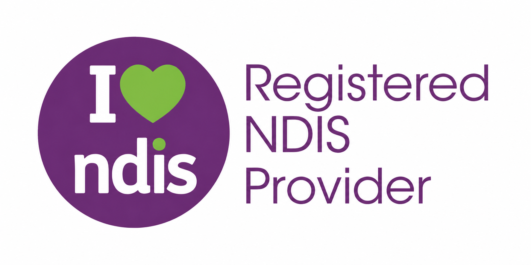 I heart NDIS logo with text “Registered NDIS Provider” in purple and green