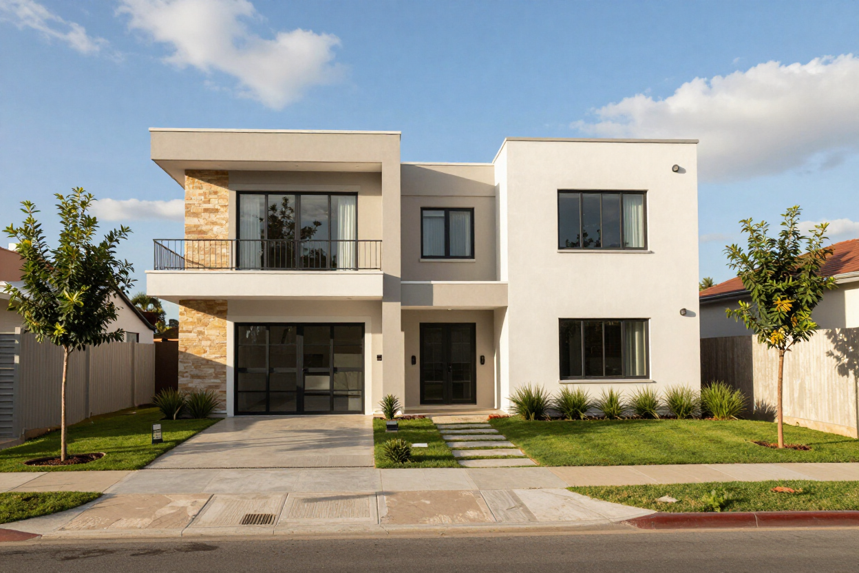 Casa moderna de dos plantas con exterior blanco y beige, balcón delantero y jardín delantero ajardinado.