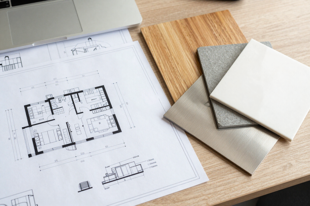 Plano arquitectónico sobre un escritorio junto a muestras de materiales y la pantalla de un ordenador portátil.