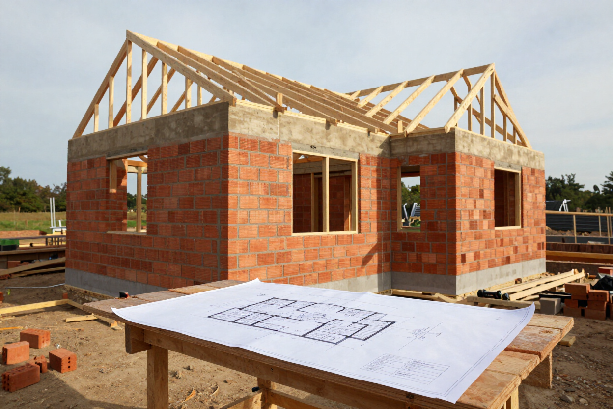 Casa de ladrillo parcialmente construida con cerchas en el tejado y un plano sobre una mesa en primer plano.