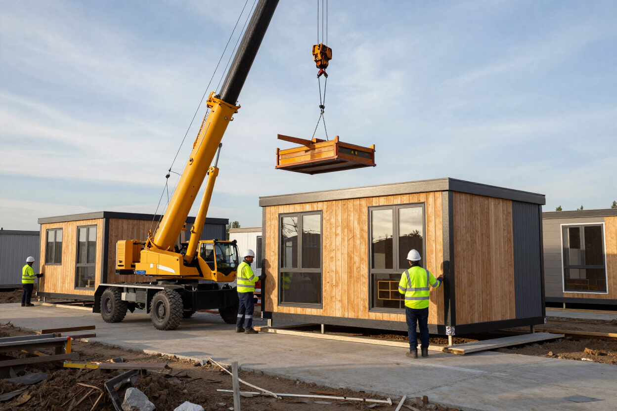 Una grúa eleva una cabina modular hasta una obra, con trabajadores con chalecos de seguridad cerca.