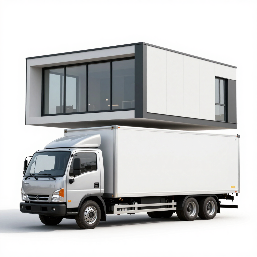 Camión blanco de caja que transporta una casa modular moderna en su remolque, aislado sobre un fondo blanco.