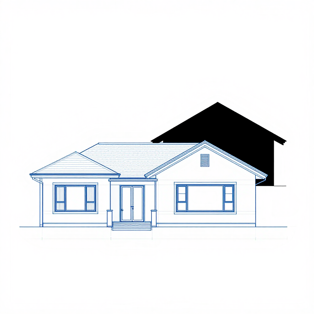 Casa estilo plano arquitectónico con contornos azules y la silueta de un tejado negro detrás.