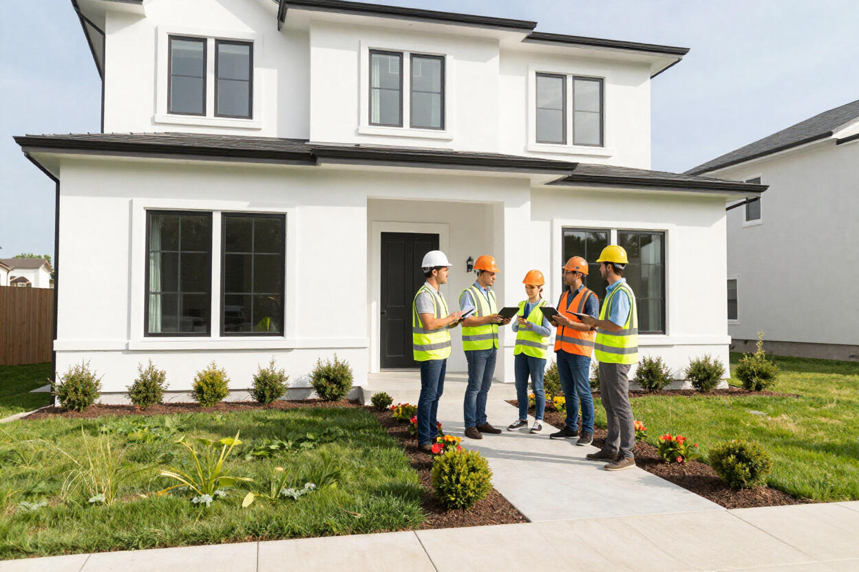 Cinco obreros de la construcción con cascos inspeccionan el jardín delantero de una casa blanca recién construida.