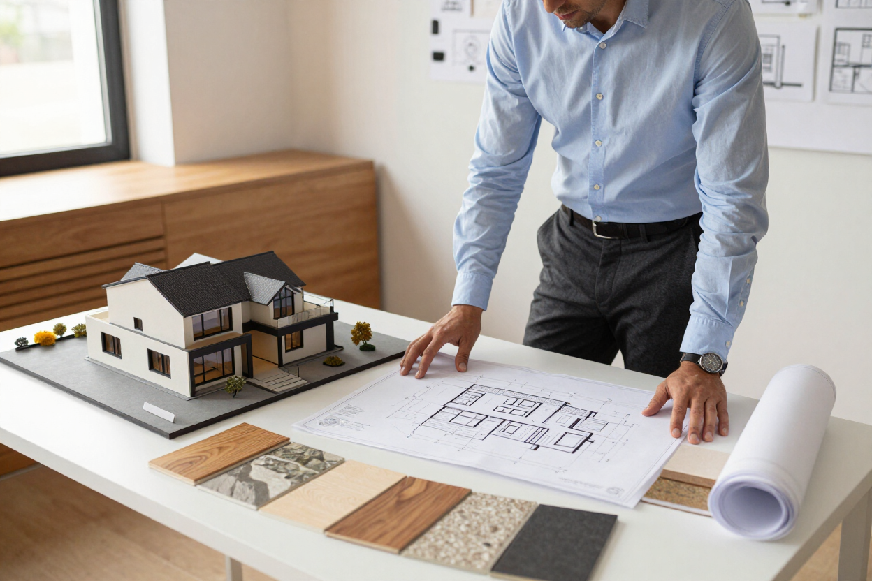 Un arquitecto revisa el modelo de la casa, los planos y las muestras de materiales sobre un escritorio en una oficina.