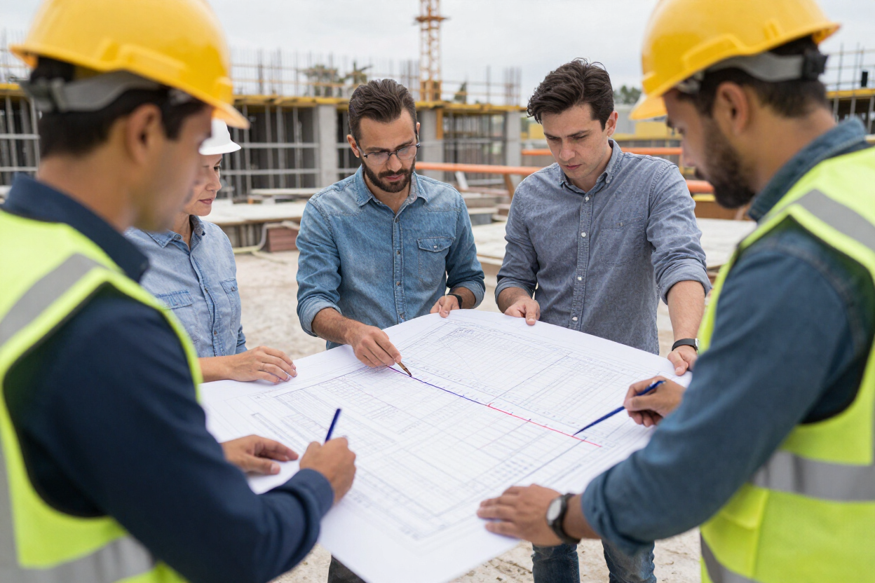 Obreros de la construcción con cascos revisando planos en una obra.